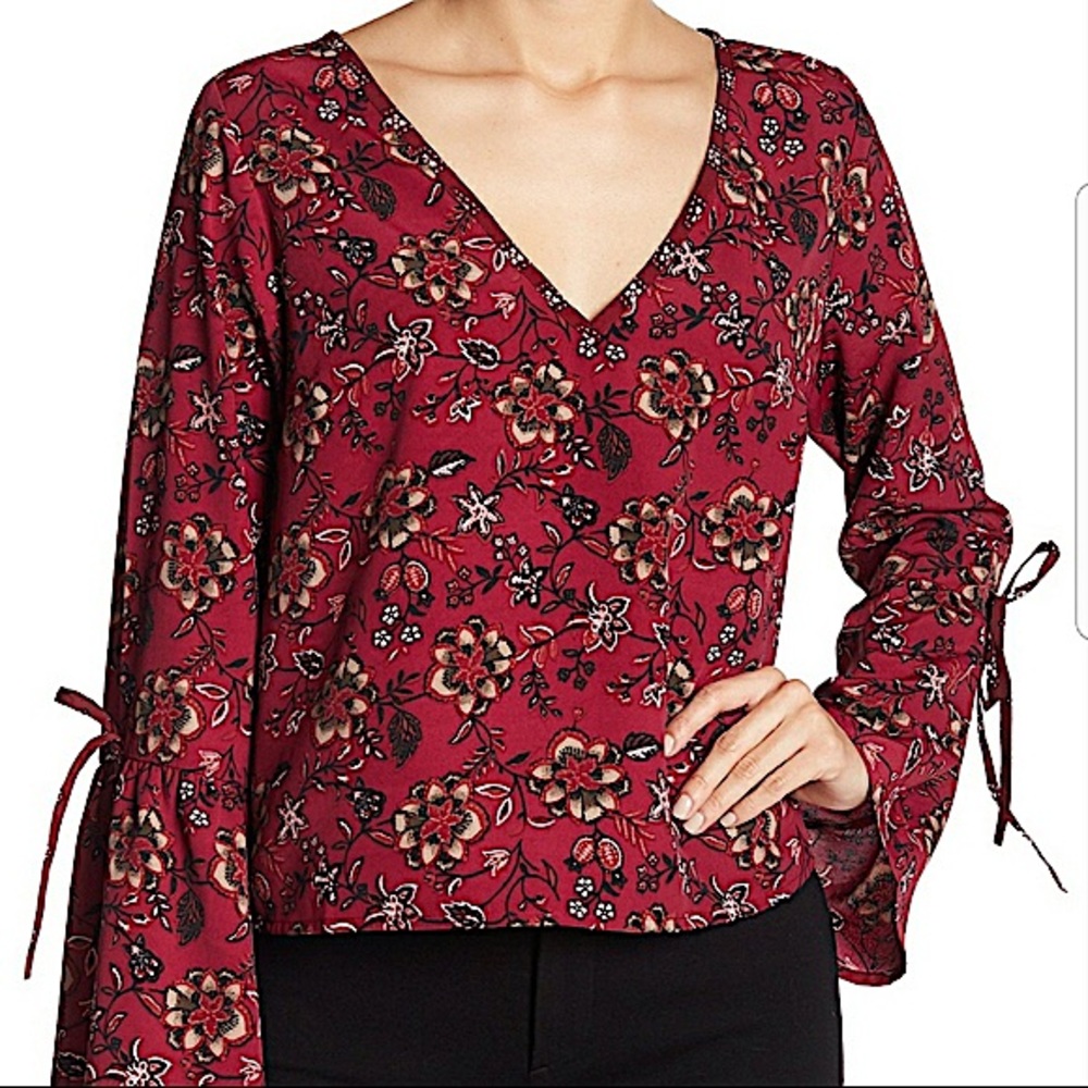 Band Of Gypsies V-Neck Floaty Bell Sleeve boho Top Burgundy XS